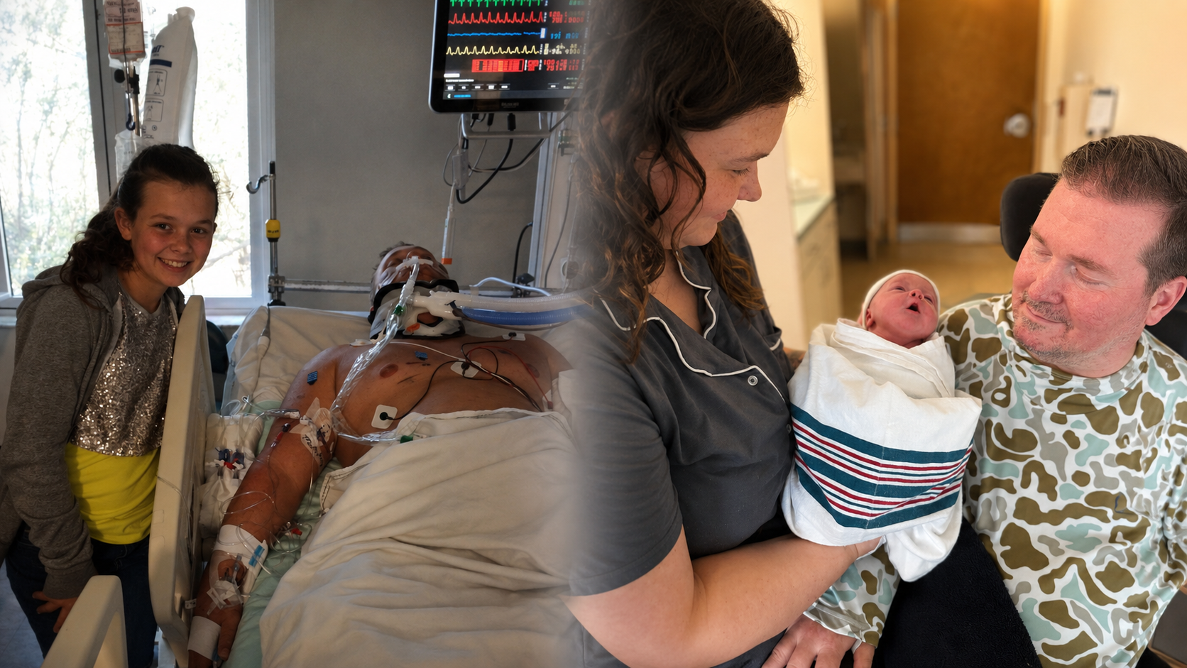 Charlie Merritt’s daughter beside him in the hospital after his 2014 spinal cord injury, paired with her twelve years later handing him his newborn granddaughter Charlotte.