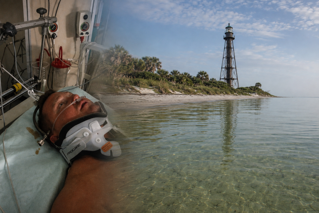 Life after quadriplegia: Charlie Merritt in cervical traction after his 2014 spinal cord injury blended with the clear water and Anclote Key Lighthouse.