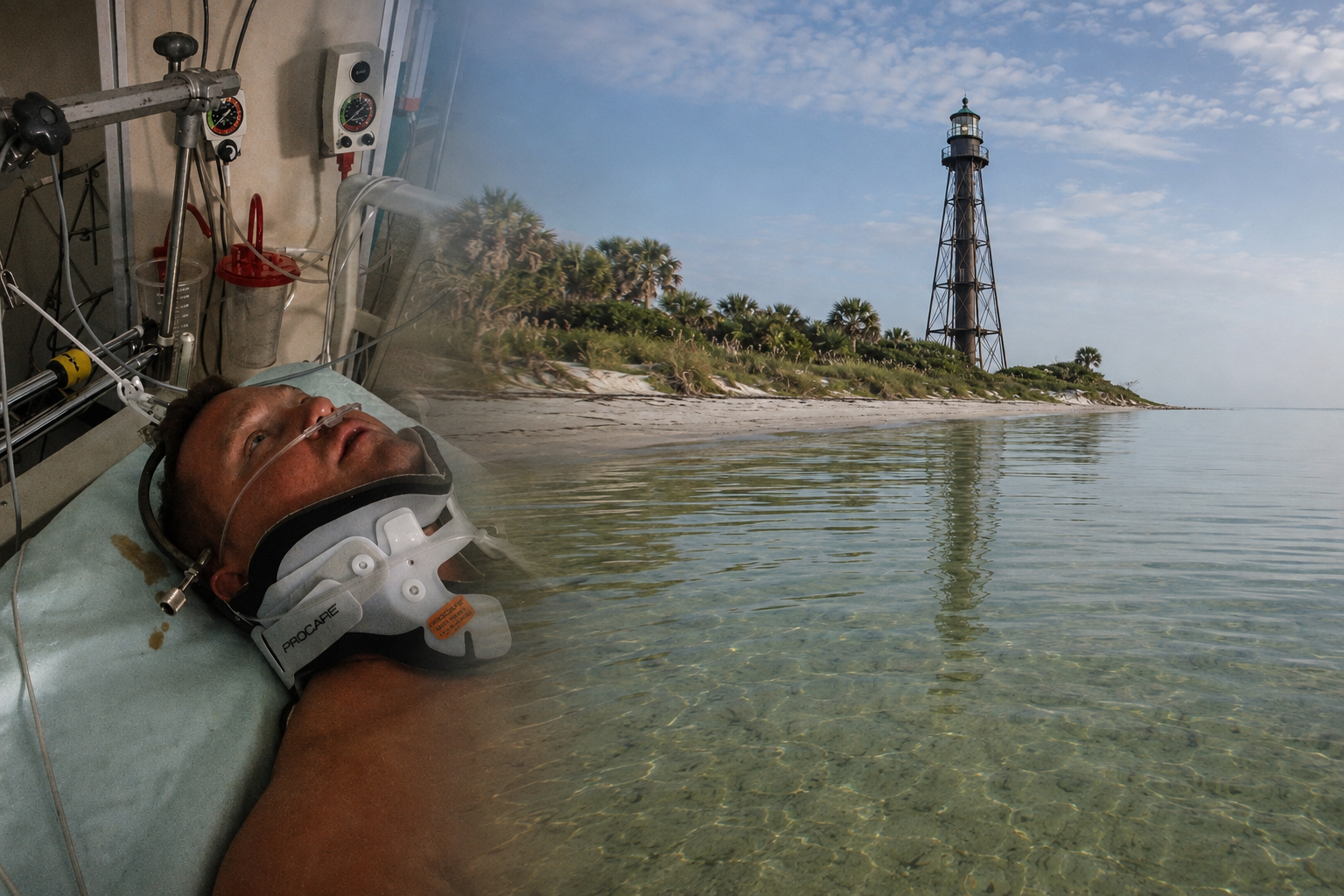 Life after quadriplegia: Charlie Merritt in cervical traction after his 2014 spinal cord injury blended with the clear water and Anclote Key Lighthouse.