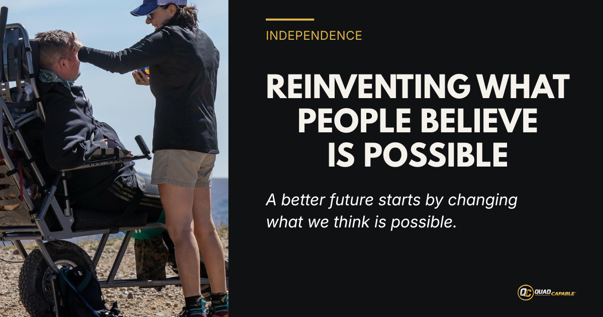 Charlie Merritt, a C3 quadriplegic, enjoying an outdoor adventure with a caregiver, illustrating independence, resilience, and the belief that paralysis does not define what's possible.